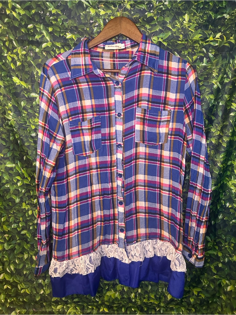 Blue Plaid Button-Down Shirt with Lace Trim